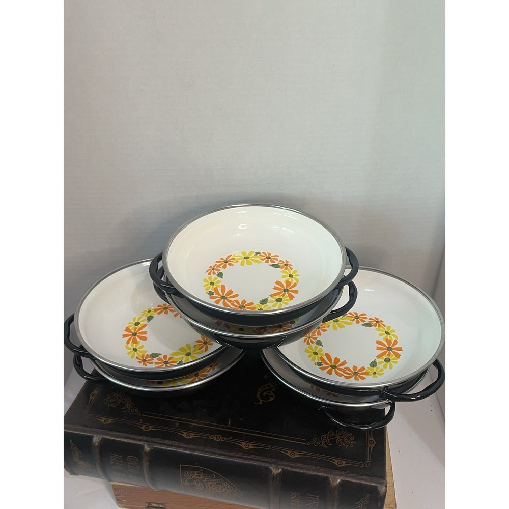 Vintage Ekco Country Garden Porcelain Enamel Pans Set of 7 Italy Daisy Floral